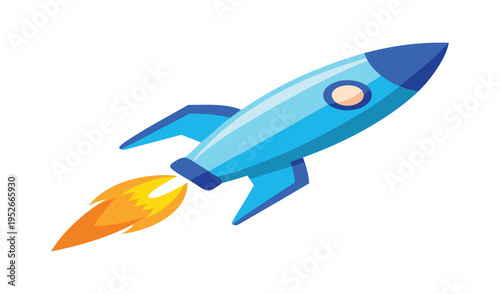 Blue cartoon rocket ship blasting off with fiery exhaust
