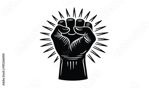 Black fist raised in protest with sunburst effect