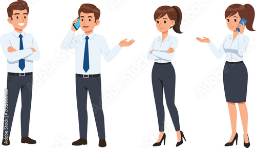 Cartoon business professionals in formal office attire communicating with mobile phones and gestures, illustrating teamwork, corporate communication, workplace collaboration, and professional 