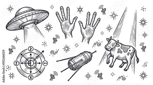 Vintage Engraving UFO Space Abduction Set with Cow, Flying Saucer, Satellite, and Alien Symbols - Vector Illustration