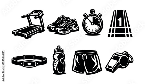 Fitness equipment set illustration with treadmill stopwatch shoes and accessories vector