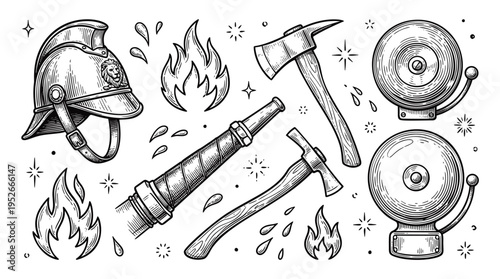 Vintage Firefighter Equipment Vector Set: Retro Fireman Helmet, Axes, Nozzle, Alarm Bell, and Flame Illustrations in Hand-Drawn Engraving Style