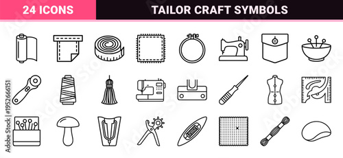 Tailoring and Textile Craft Monoline Outline Symbols; Professional Sewing Equipment and Needlework Tools Technical Icon Set for Apparel Design