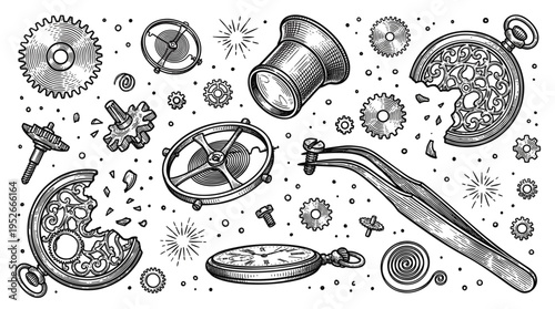 Vintage Watchmaker Tools and Mechanical Parts Vector Set: Engraved Illustration of Pocket Watches, Gears, Tweezers, and Jeweler Loupe for Horology and Steampunk Design