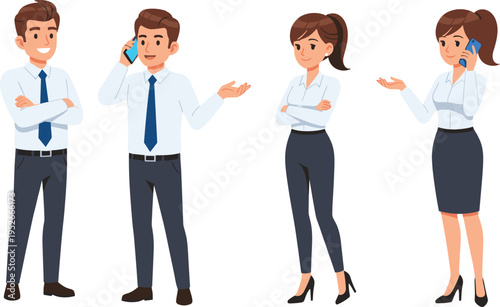 Cartoon illustration of four business professionals, two men and two women in formal office attire, communicating with mobile phones and posing confidently for workplace concepts