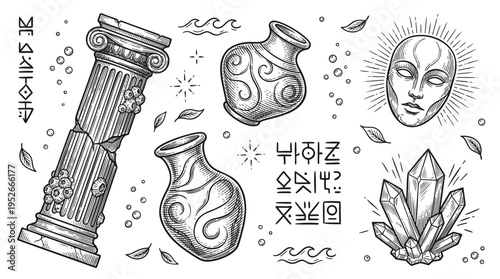 Vintage Hand Drawn Vector Illustration of Sunken Ancient Artifacts Featuring a Greek Column Vases Mystical Mask and Crystals in a Black and White Etched Style
