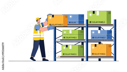 Solar Panel Storage: A warehouse worker meticulously organizes boxes of solar panels, embodying the efficiency and dedication required to advance a sustainable future.