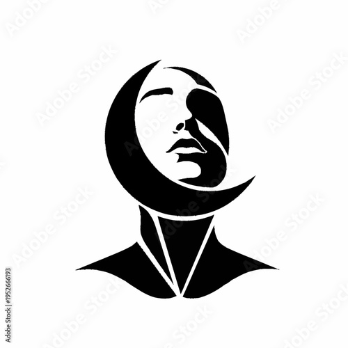 Abstract Human Face with Crescent Moon Overlay.