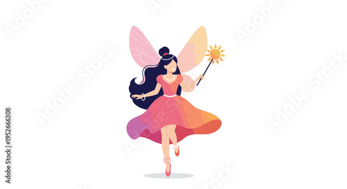Beautiful fairy girl with dark hair and wings wearing a colorful dress and holding a magic wand in her hand.
