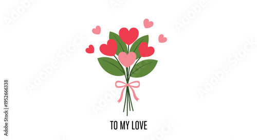 Colorful bouquet of red and pink hearts on green stems tied with a ribbon for Valentines day celebration.