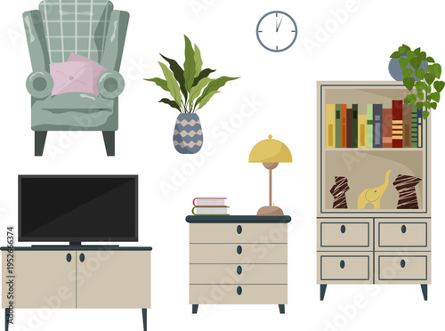 Set of home furniture including a cozy armchair, television, bookshelf, and bedside table with lamp. Interior design collection for apartment furnishing and lifestyle concept decoration.