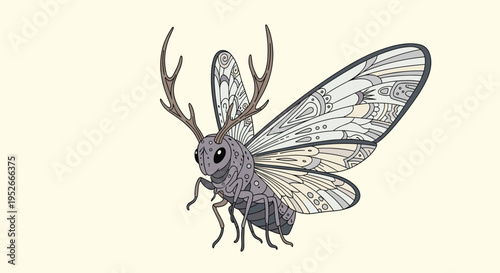 Mythical insect creature combining features of a moth with ornate patterned wings and large deer antlers.