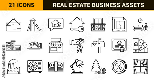 Real Estate Property Management Thin Line Style Symbols Featuring Residential Architecture House Rentals and Urban Development Monoline Design