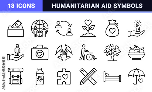 Humanitarian Aid and Charitable Giving Monoline Outline Symbols Featuring Community Support and Philanthropy Neo-Line Art Aesthetics