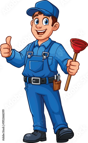 Cartoon plumber character in blue uniform holding red plunger and giving thumbs-up, cheerful illustration for plumbing services, repair, maintenance, handyman, construction, and professional trade 
