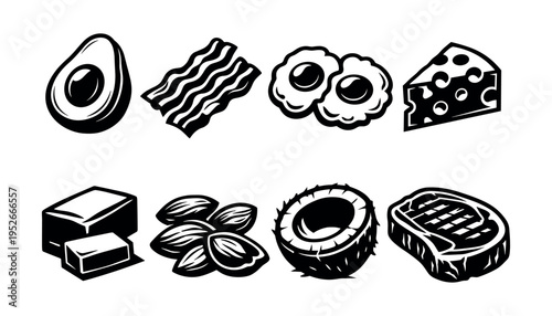 Black and white vector illustration of keto food elements including avocado cheese steak