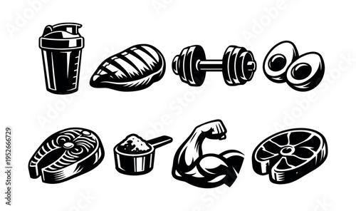 Black and white fitness and nutrition icons illustrating health and gym elements