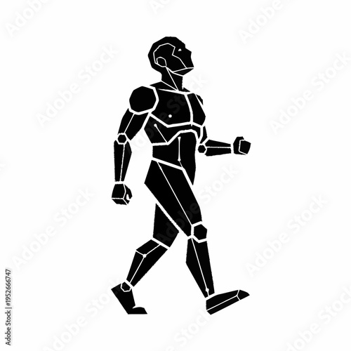 Stylized Humanoid Robot Walking Forward in Silhouette.