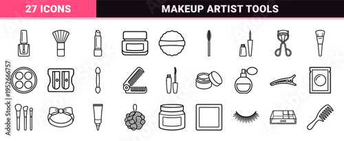 Professional Cosmetic Line Art Symbols for Makeup Artists and Beauty Branding Featuring Sleek Technical Monoline Vector Outline Aesthetic
