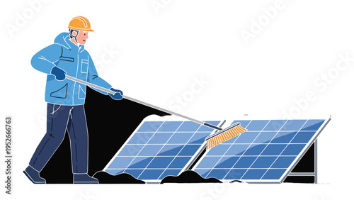 Solar Panel Technician: A skilled technician, equipped with a long-handled brush, meticulously cleans solar panels.