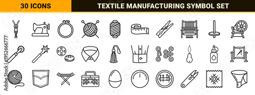 Textile Industry and Tailoring Monoline Symbols featuring Professional Garment Construction and Sewing Equipment Graphics in Minimalist Style