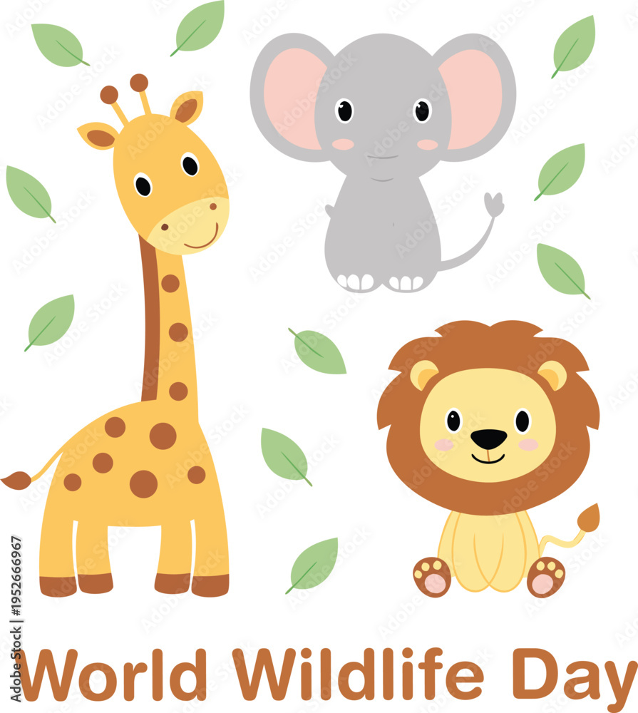Fototapeta premium Cartoon animals celebrate world wildlife day with a giraffe elephant and lion
