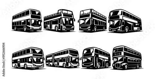 Collection of black and white double-decker bus silhouette illustrations in vector style