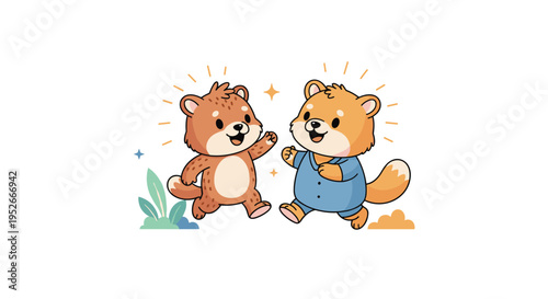 Two cute little bears in pajamas jumping and playing together with a happy and joyful expression.