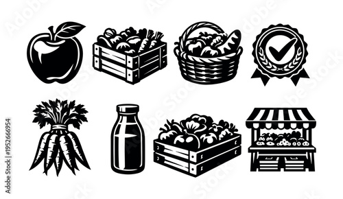 Black and white vector set of fruit vegetables and organic farm market elements