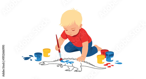 Young blonde boy kneeling on the floor and carefully painting a dinosaur drawing with blue paint and brushes.