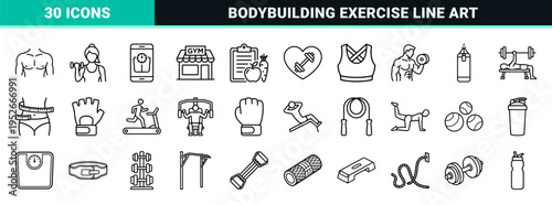 Minimalist Bodybuilding and Gym Equipment Line Art Symbols featuring Workout Gear Exercise Machines and Fitness Lifestyle Monoline Graphics