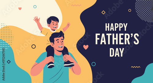 Happy father carrying his young son on his shoulders while celebrating fathers day with abstract background.