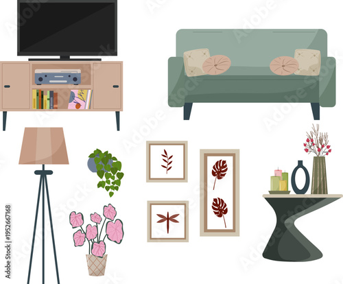 Set of furniture and decor for living room interior. Sofa, tv stand, floor lamp, houseplant and picture frame. Modern home design elements collection for apartment renovation project.