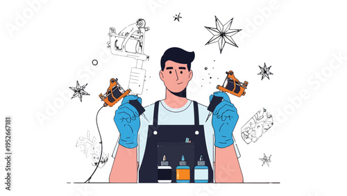 Tattoo Artist at Work: A skilled tattoo artist, wearing blue gloves and a black apron, holds two tattoo machines, surrounded by ink bottles and artistic sketches, embodying creativity and craft.