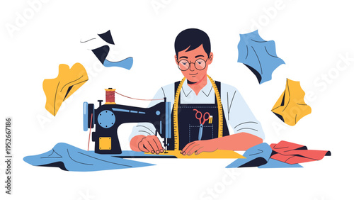 Artisan's Craft: A skilled tailor meticulously working on a vintage sewing machine, surrounded by colorful fabric and tools of the trade, embodying precision and expertise.