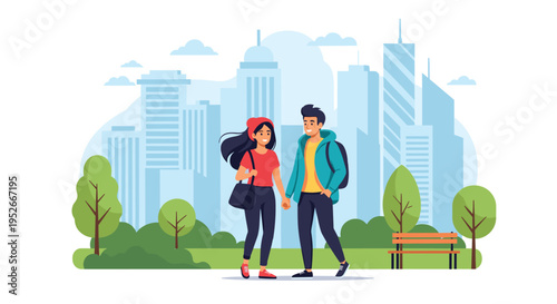 Young couple holding hands and walking together in a green city park with skyscrapers and buildings in the background.