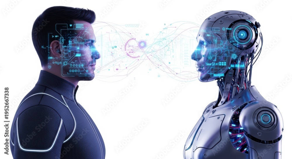 Fototapeta premium Conceptual digital interface illustrating advanced cognitive data exchange between human intellect and artificial intelligence, symbolizing a future of technological synergy and smart communication