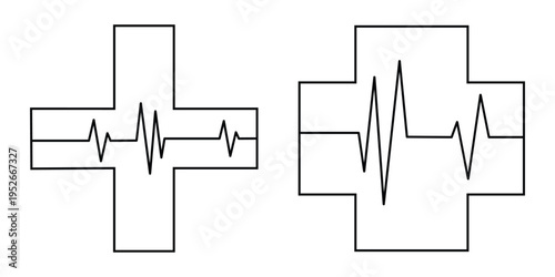 Medical Cross with Heartbeat Pulse Line, Healthcare Diagnostic Icon Set