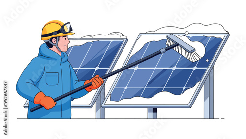 Solar Panel Cleaning: An industrious worker diligently clears snow from solar panels with a long-handled brush, a picture of sustainability and environmental responsibility.