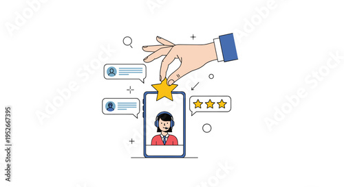 Customer giving a five star rating to a support agent on a mobile phone screen using a hand gesture.