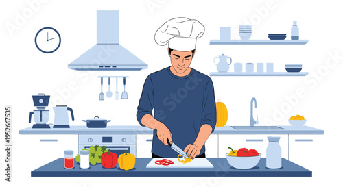 Professional male chef in a hat and uniform cutting vegetables on a cutting board in a modern well equipped kitchen.