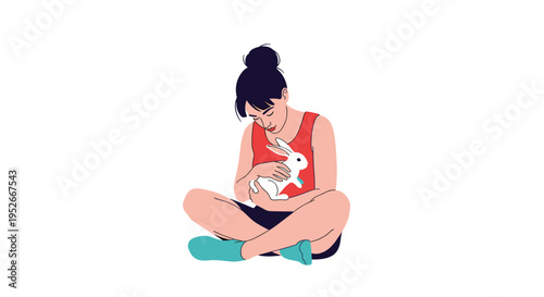 Young woman sitting on the floor cross legged and gently hugging a cute white rabbit with a calm expression.