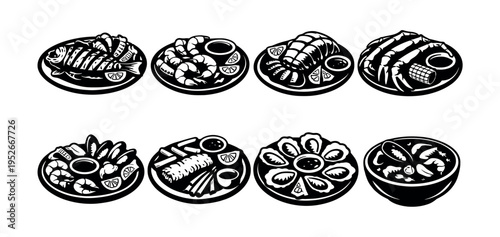 Black and white seafood platters set, vector illustration with fish, crab, and lobster
