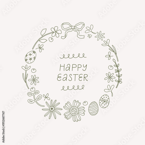 Easter wreath. Spring rounded composition with eggs, spring flowers and branches. 