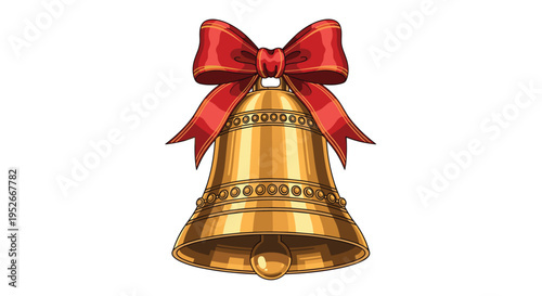 Traditional gold Christmas bell decorated with a large red ribbon bow for holiday and winter season celebration.