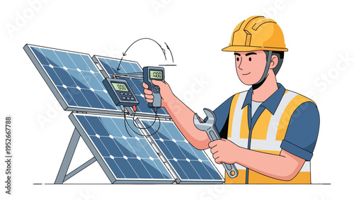 Solar Panel Technician at Work: An skilled technician, wearing a hard hat, meticulously inspects solar panels, showcasing commitment to clean energy and sustainable practices.
