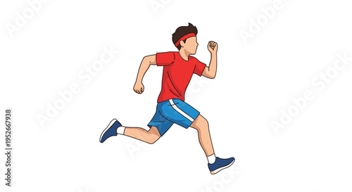 Athletic young man in a red shirt and blue shorts running fast during his daily workout or sports competition.