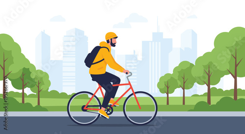Efficient delivery man riding a bicycle through the city park with skyscrapers and trees in the background.