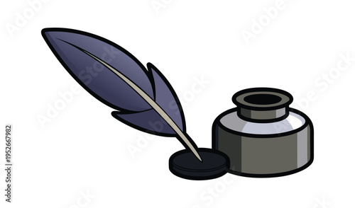 Quill pen and inkwell illustration on white background