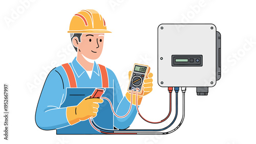 Technician Inspecting an Electrical Box: A skilled technician diligently inspects an electrical box, using a multimeter to assess voltage and ensure optimal performance.